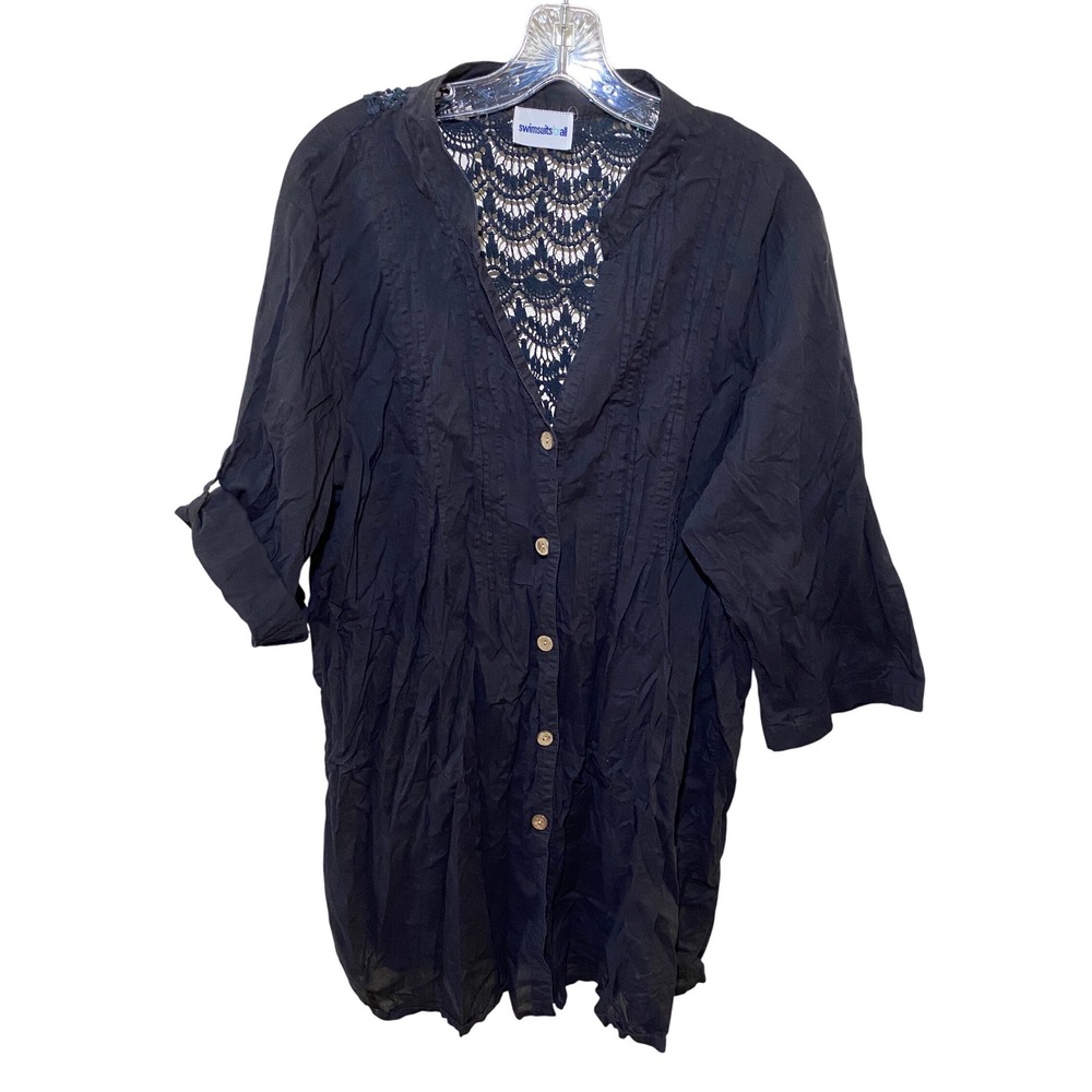 Swimsuits For All Black Crochet Lace Back Button Down Swim Cover Up Roll Tab L